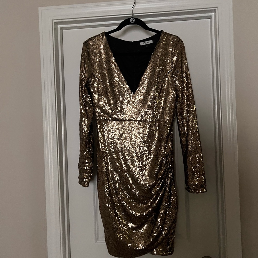 Gold Sequin Fitted Long Sleeve Dress